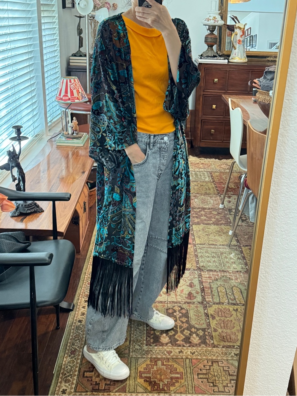 Mango Silk Blend Fringed Caftan/Wraps/Cardigan multi colored 45" L